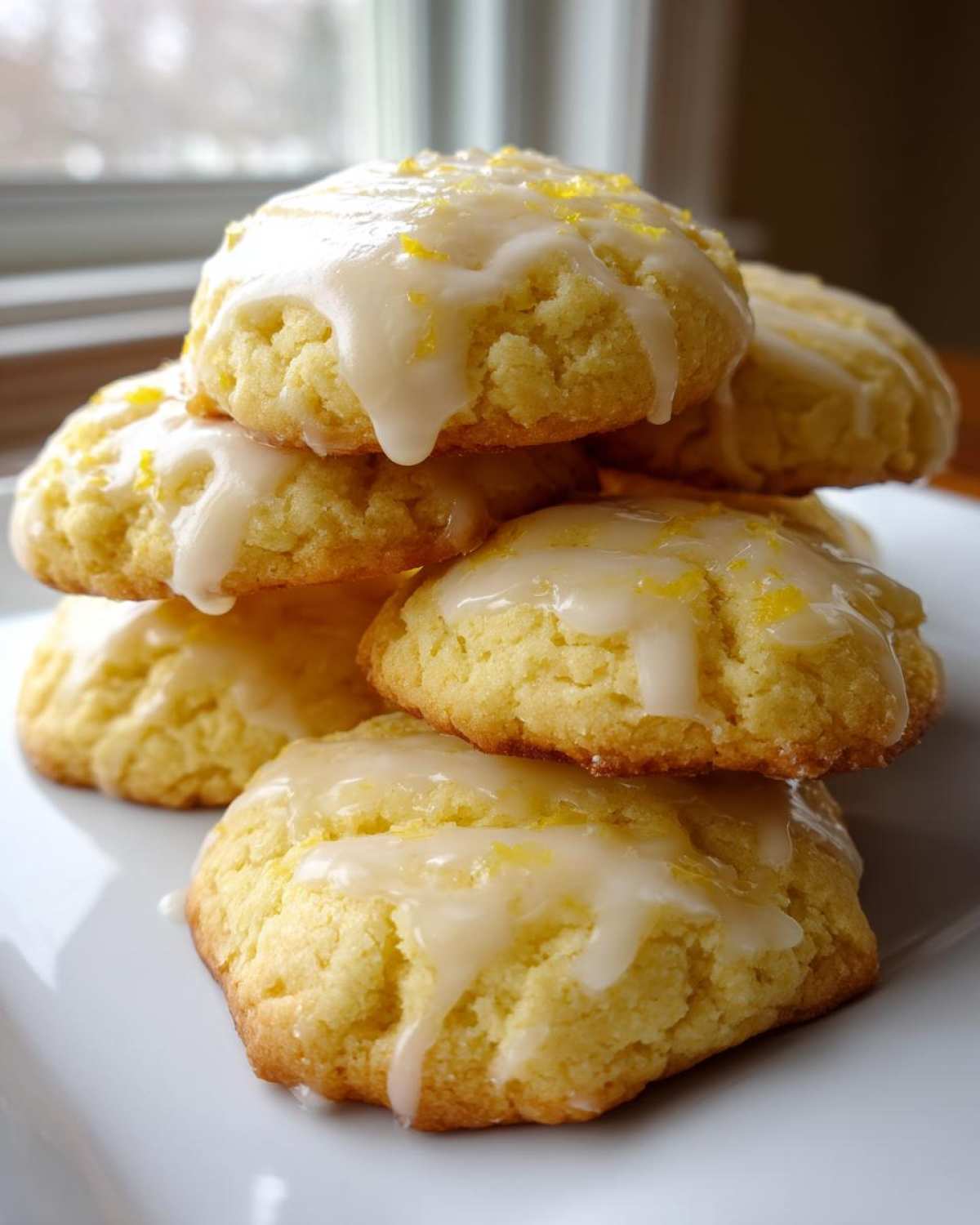 A stack of soft, yellow Italian ricotta cookies topped with a thick lemon glaze and zest.
