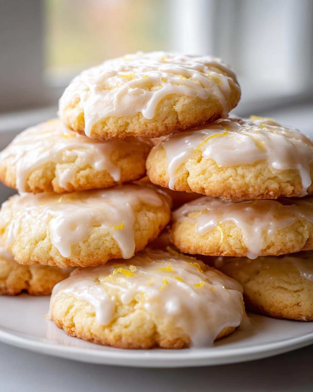 A close-up stack of soft, round italian ricotta cookies topped with white lemon glaze and bright yellow zest.