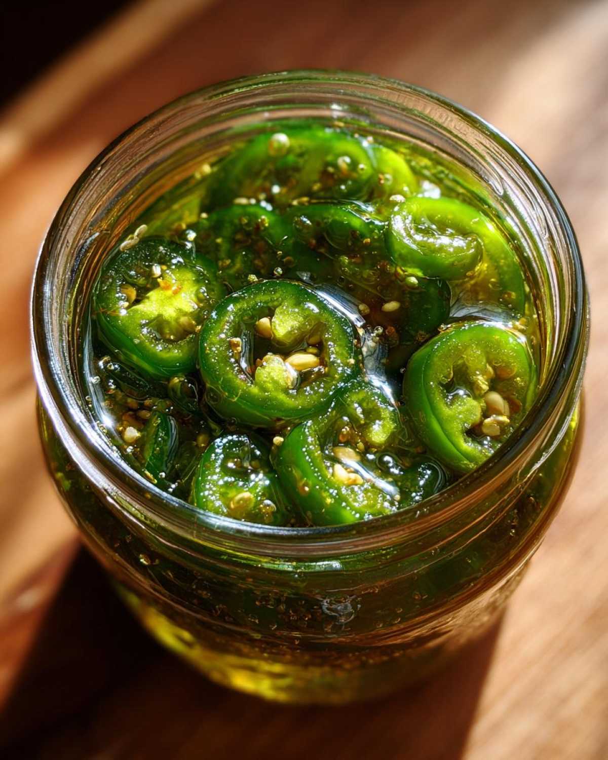Close-up overhead view of bright green jalapeño slices soaking in liquid inside a glass jar, making candied jalapenos.