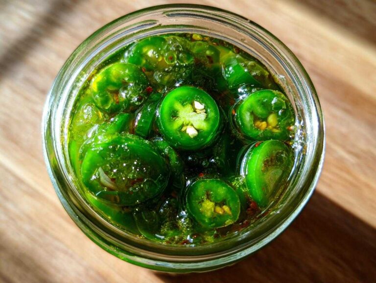 Overhead view of bright green candied jalapenos slices submerged in syrup inside a glass jar.