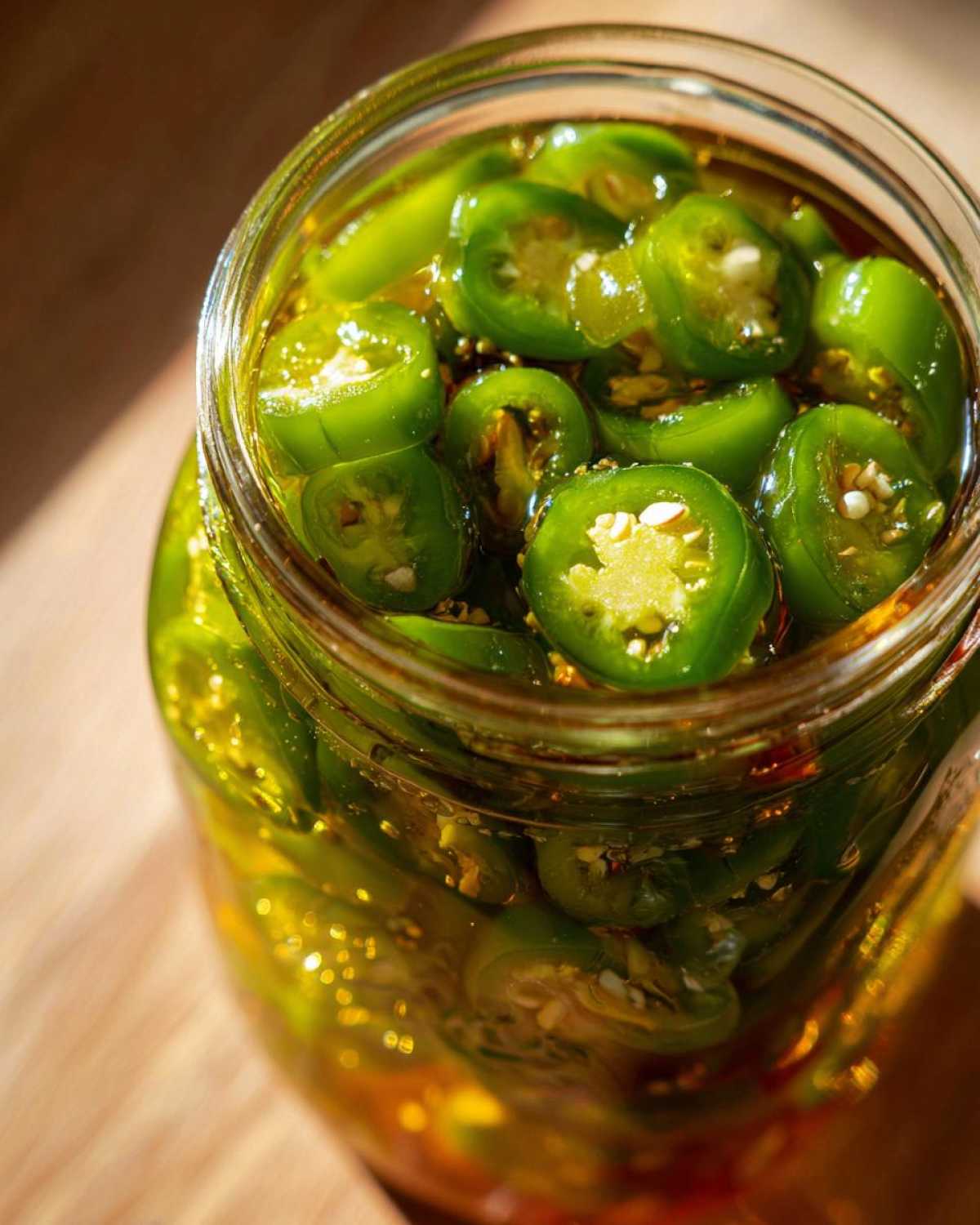 Close-up of sliced green candied jalapenos preserved in a glass jar with sweet syrup.