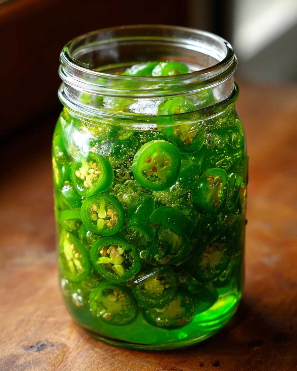 Close-up of a glass jar filled with bright green, sliced candied jalapenos suspended in a clear, bubbly syrup.