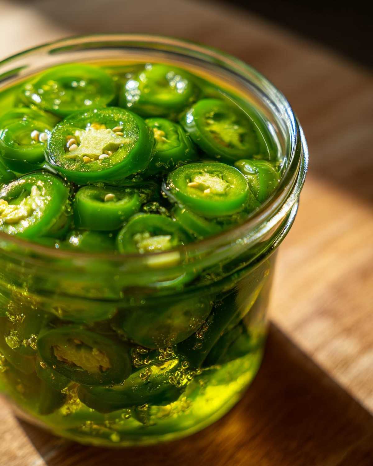 Close-up of bright green, sliced jalapenos soaking in liquid inside a glass jar, ready for making candied jalapenos.