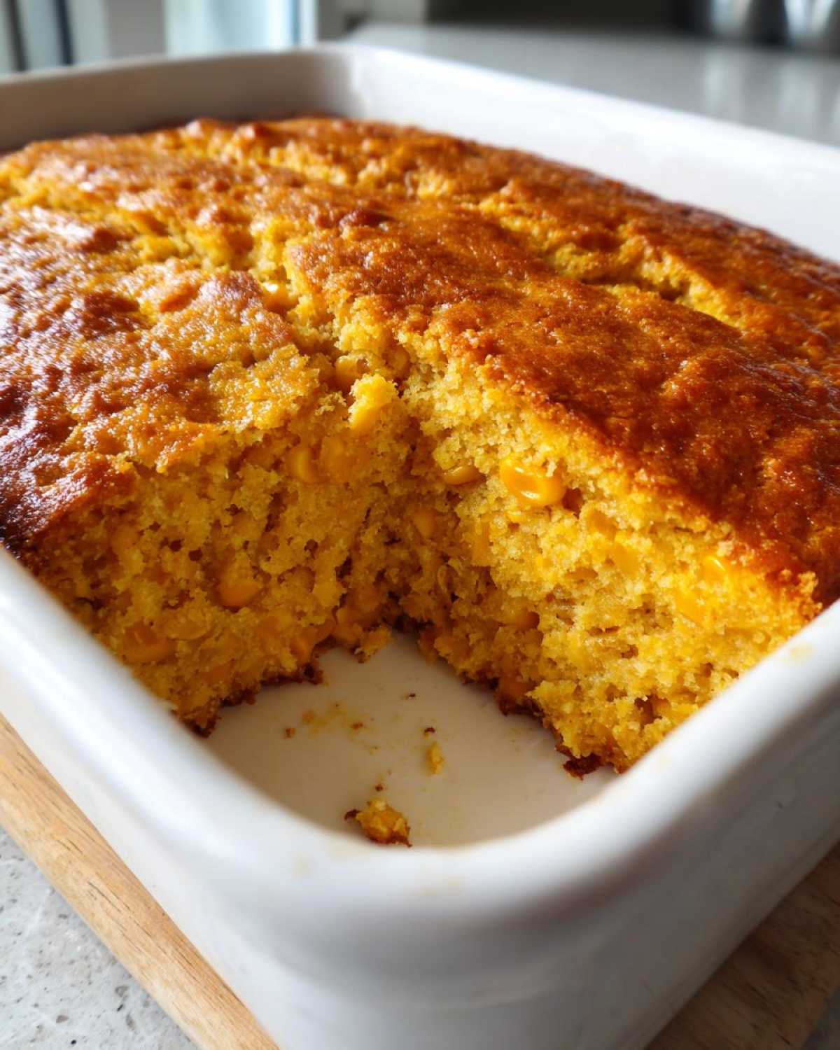 A close-up of a freshly baked, golden brown jiffy corn casserole in a white baking dish with a piece removed.