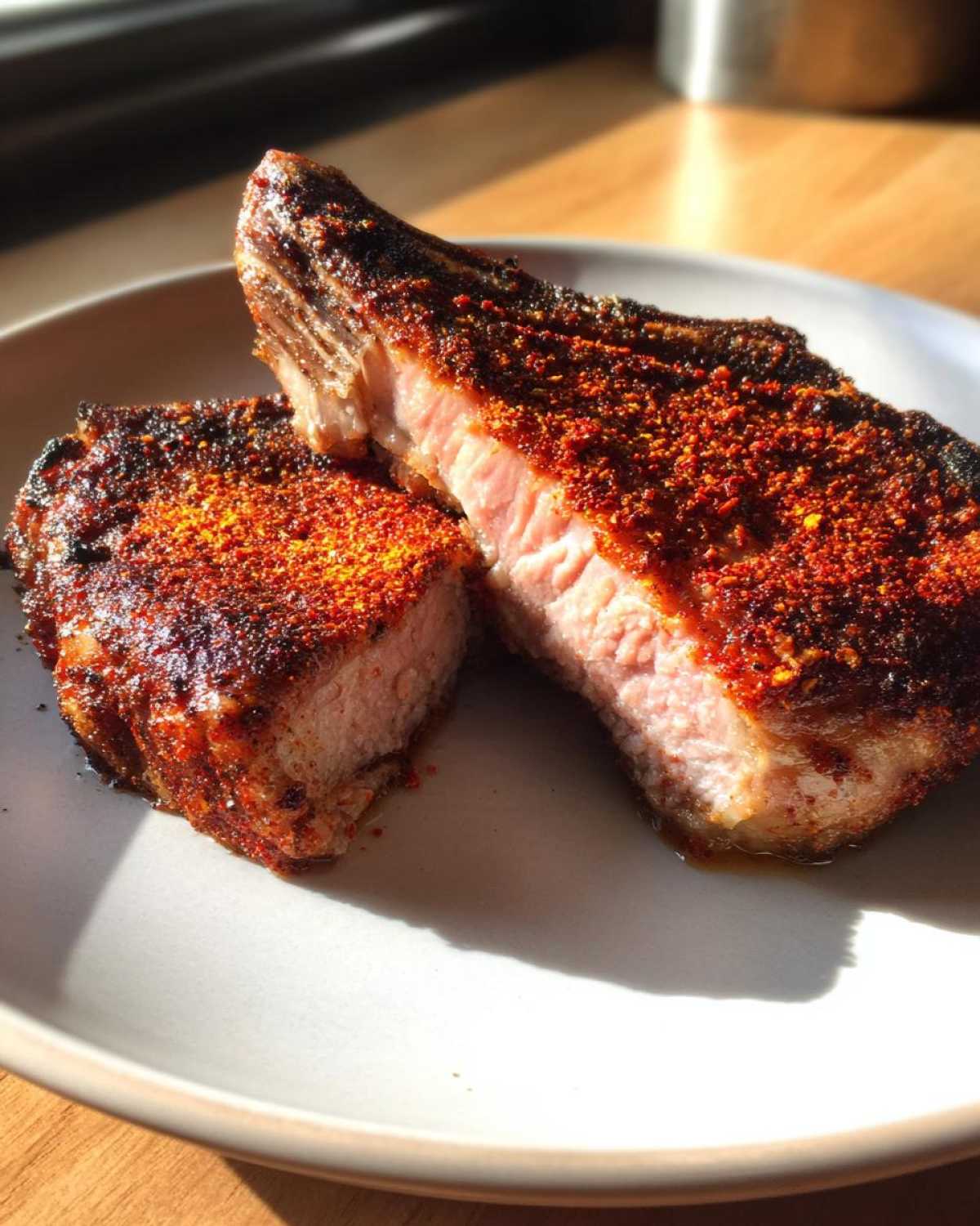 Two thick-cut, juicy air fryer pork chops seasoned heavily with paprika, resting on a light gray plate.