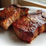 Two thick, juicy air fryer pork chops, heavily seasoned with red spices, resting on a white plate.