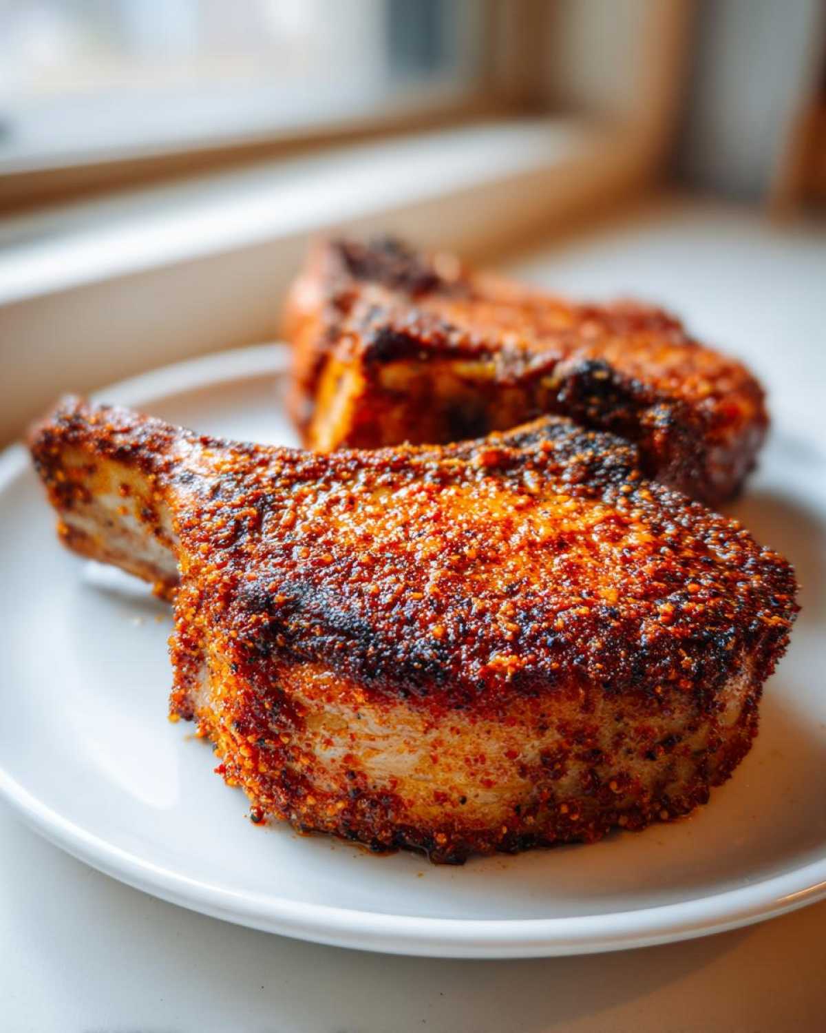 Close-up of two thick, juicy air fryer pork chops with a heavily seasoned, crispy crust resting on a white plate.