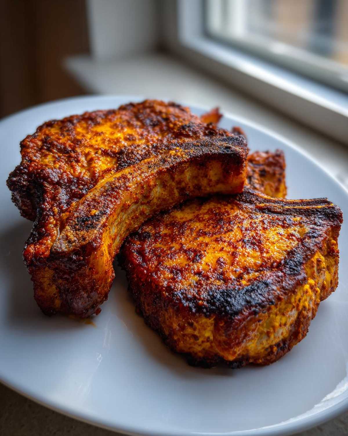 Two thick, bone-in air fryer pork chops with a richly seasoned, slightly charred crust resting on a white plate.