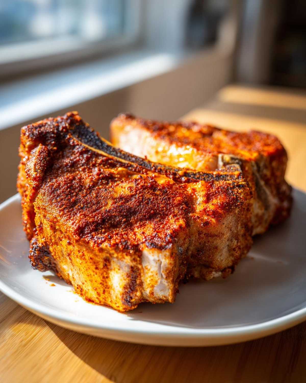 Two thick, bone-in air fryer pork chops heavily seasoned with a red spice rub, resting on a white plate.