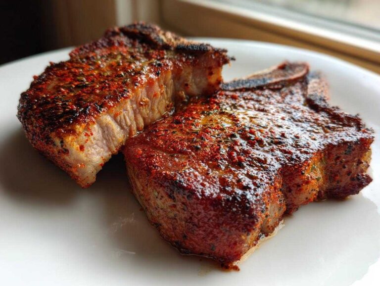Juicy air fryer pork chops in 15 minutes Two thick, juicy air fryer pork chops, heavily seasoned with red spices, resting on a white plate.