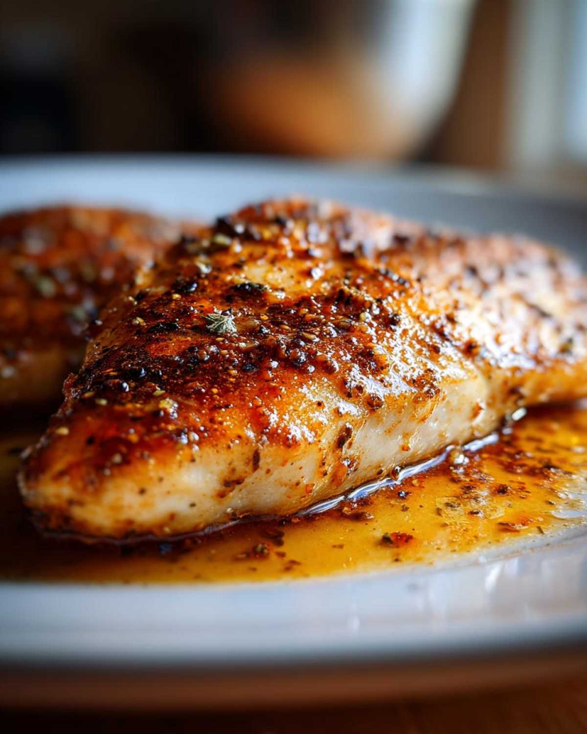 Close-up of a perfectly cooked cajun chicken breast glistening with a savory, spiced glaze on a light plate.