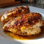 Two perfectly cooked cajun chicken breasts resting in pan juices on a white plate.