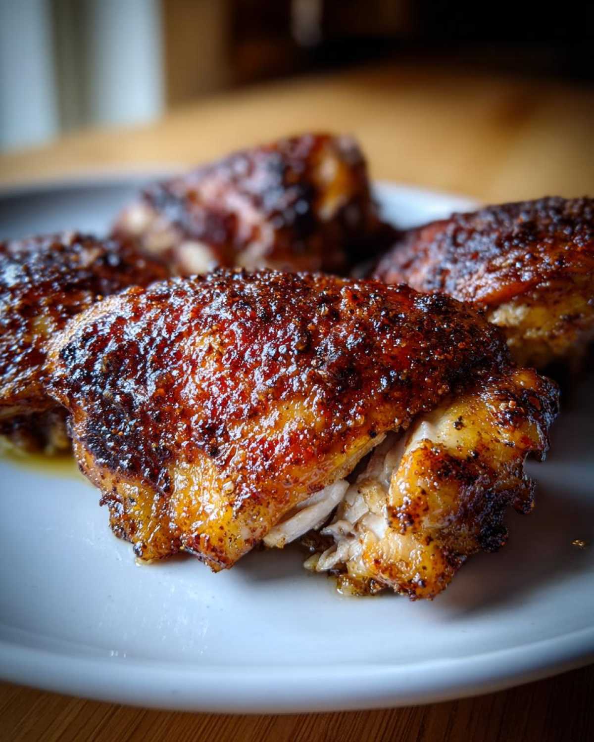 Close-up of perfectly cooked, juicy chicken thighs with dark, crispy, seasoned skin resting on a white plate.