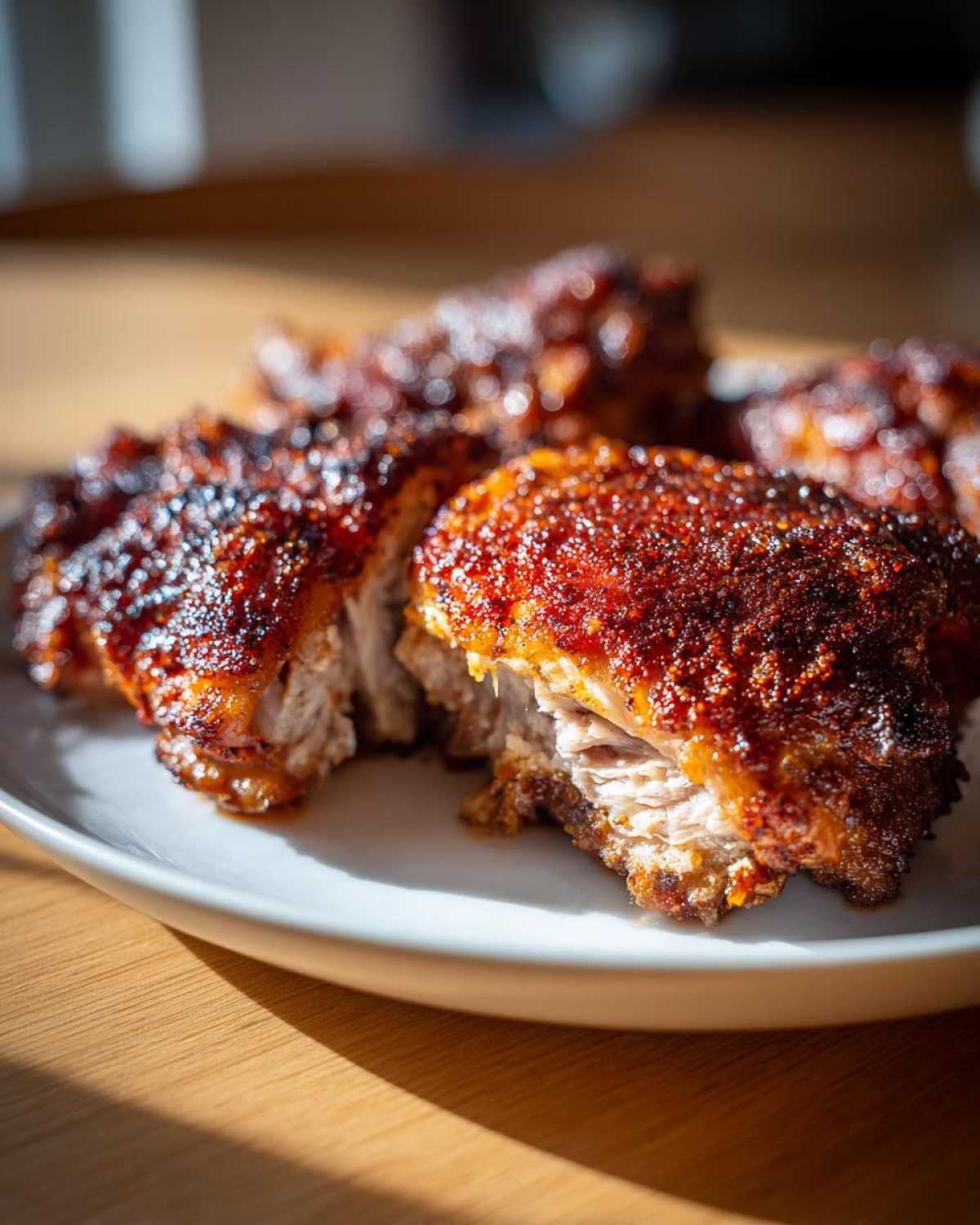 Close-up of perfectly cooked, juicy chicken thighs with a deep reddish-brown, seasoned, crispy exterior.