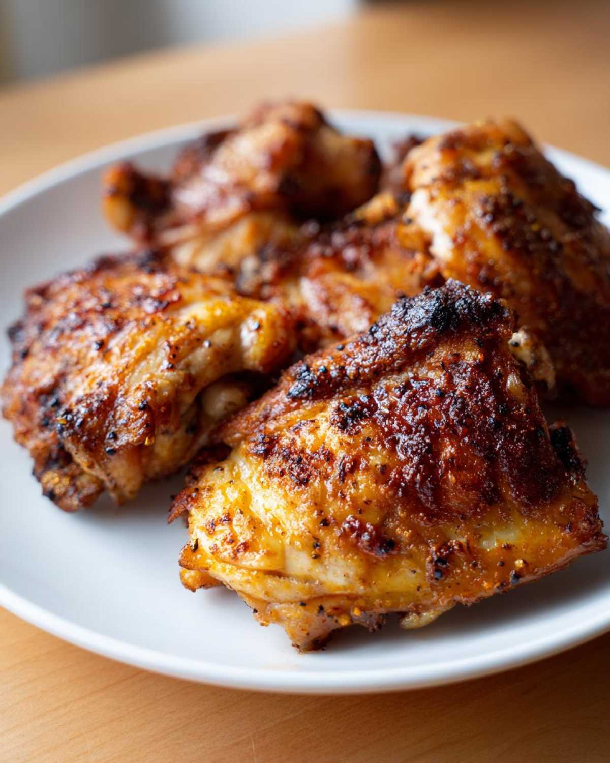 Close-up of four perfectly cooked, juicy chicken thighs with crispy, browned skin served on a white plate.