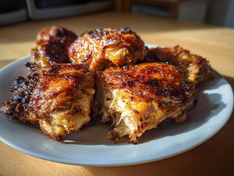 Close-up of several perfectly cooked, glazed chicken thighs with crispy skin served on a white plate.