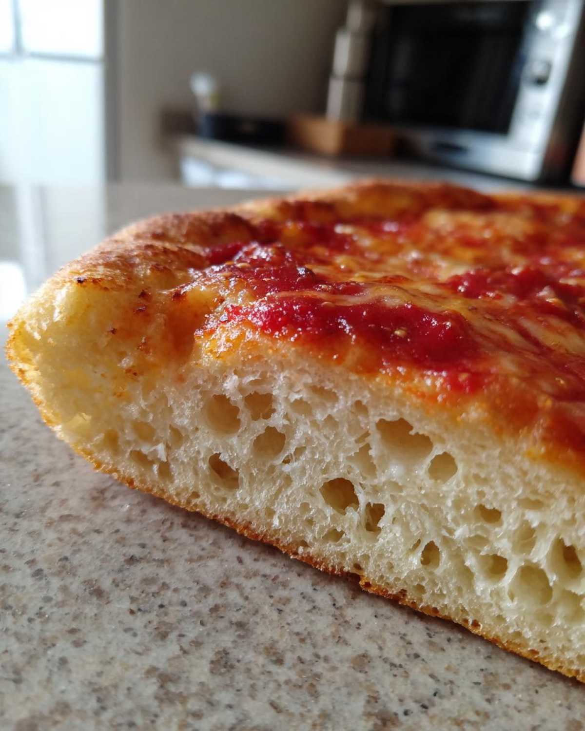 Close-up of the airy, thick interior crumb structure of a keto pizza crust topped with sauce.