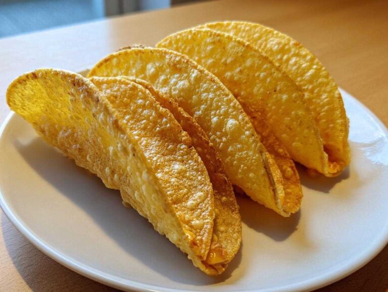 Four golden, crispy Keto Taco Shells with Melted Cheese lined up on a white plate.