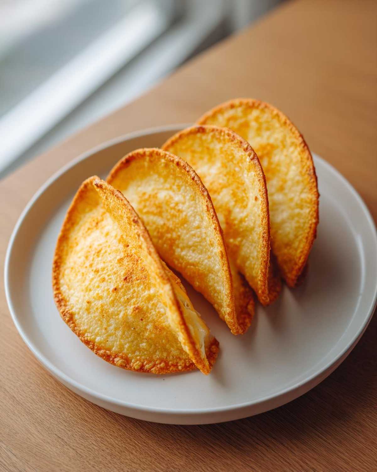 Four crispy, golden Keto Taco Shells with Melted Cheese arranged on a white plate.