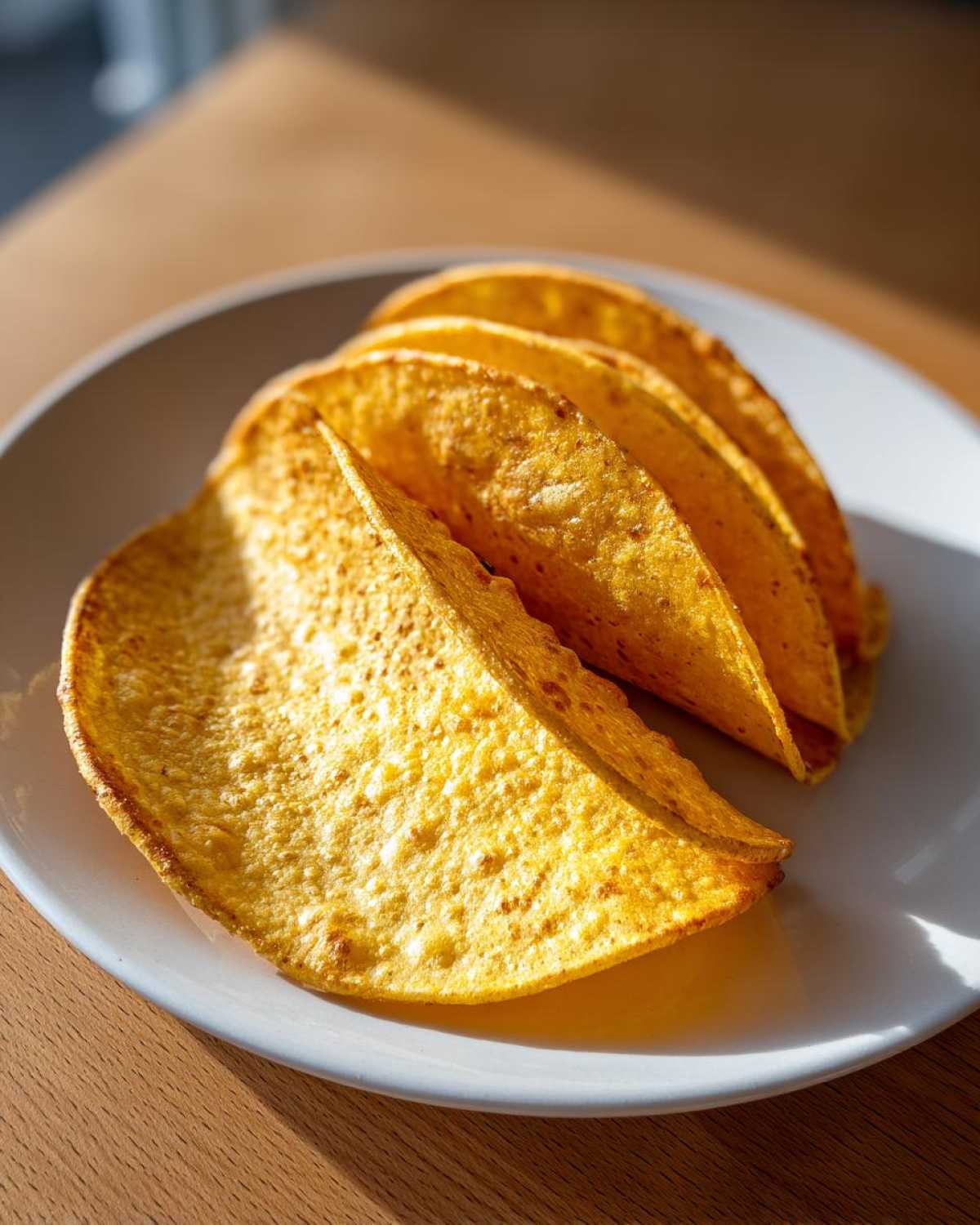 Four crispy, golden Keto Taco Shells lined up on a white plate, ready to be filled.