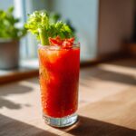 A tall glass of a vibrant red Kimchi Cocktails Recipe, garnished with celery and chili, sitting on a sunlit wooden surface.
