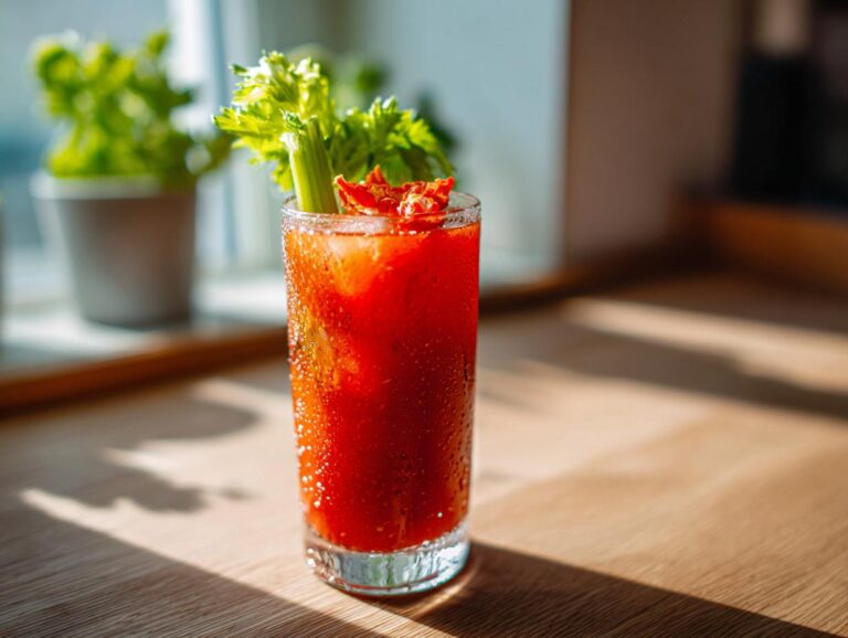 A tall glass of a vibrant red Kimchi Cocktails Recipe, garnished with celery and chili, sitting on a sunlit wooden surface.