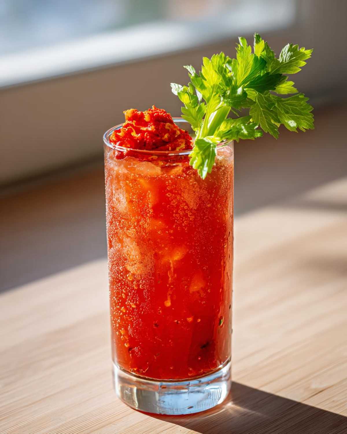 A tall, sweating glass filled with a vibrant red Kimchi Cocktails Recipe, garnished with celery and kimchi paste.