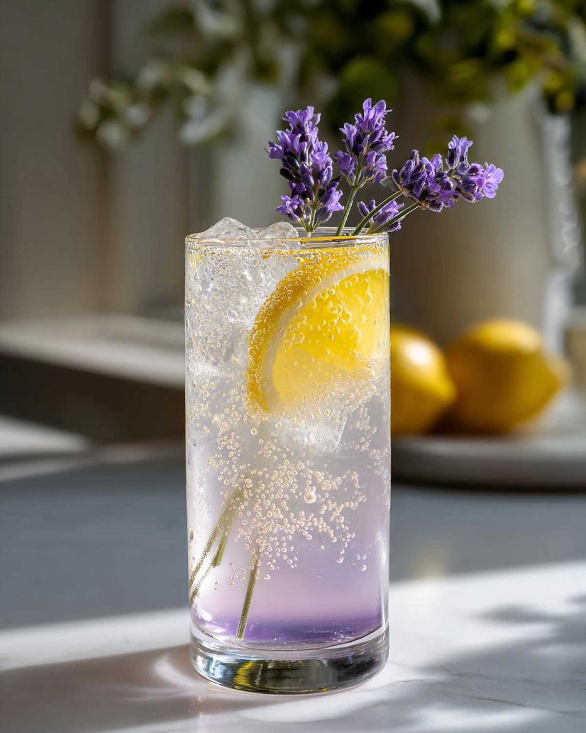 A tall glass containing a sparkling Lavender Mocktail with Honey, garnished with fresh lavender sprigs and a lemon slice.