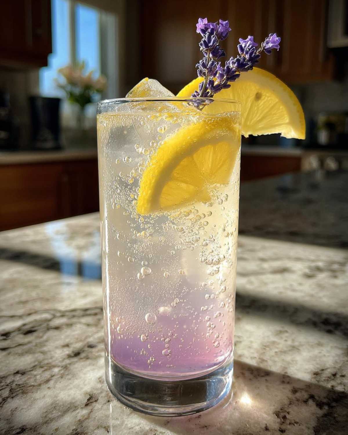 A tall glass of sparkling Lavender Mocktail with Honey, garnished with lemon slices and fresh lavender sprigs.