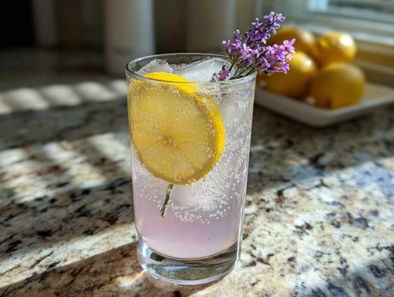 A tall glass containing a bubbly Lavender Mocktail with Honey, garnished with a lemon slice and fresh lavender sprig.