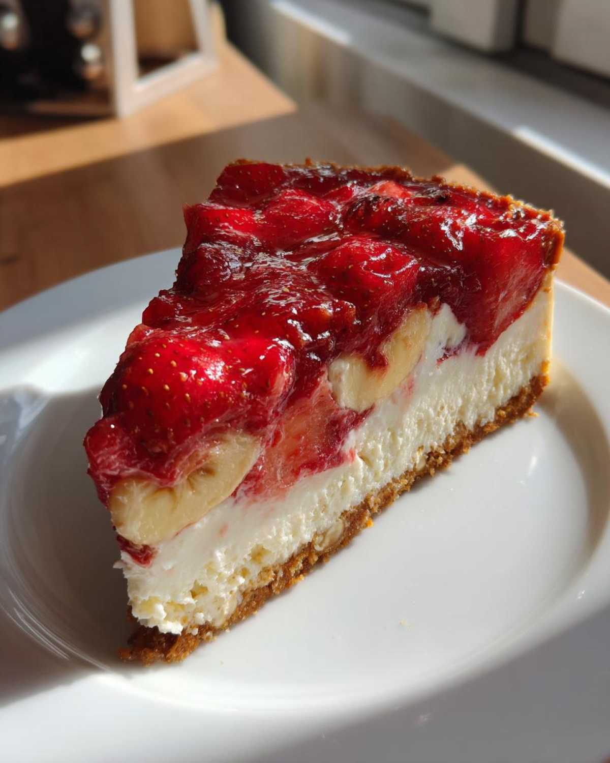 A delicious slice of layered pretzel salad featuring a crust, cream cheese filling, bananas, and strawberry topping.