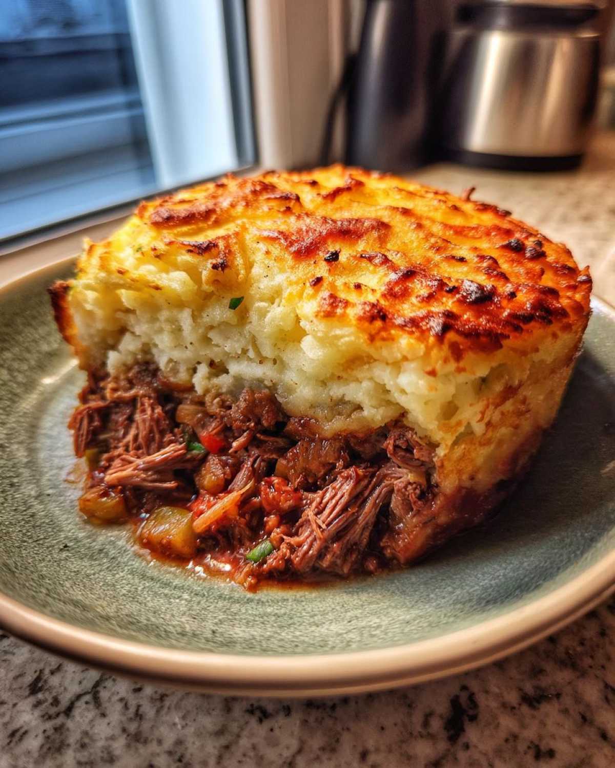 A close-up of a portion of Leftover Lamb Shepherd's Pie showing shredded lamb filling and a golden, crispy mashed potato topping.