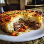 A slice removed from a baked Leftover Lamb Shepherd's Pie, showing shredded lamb filling and golden mashed potato topping.
