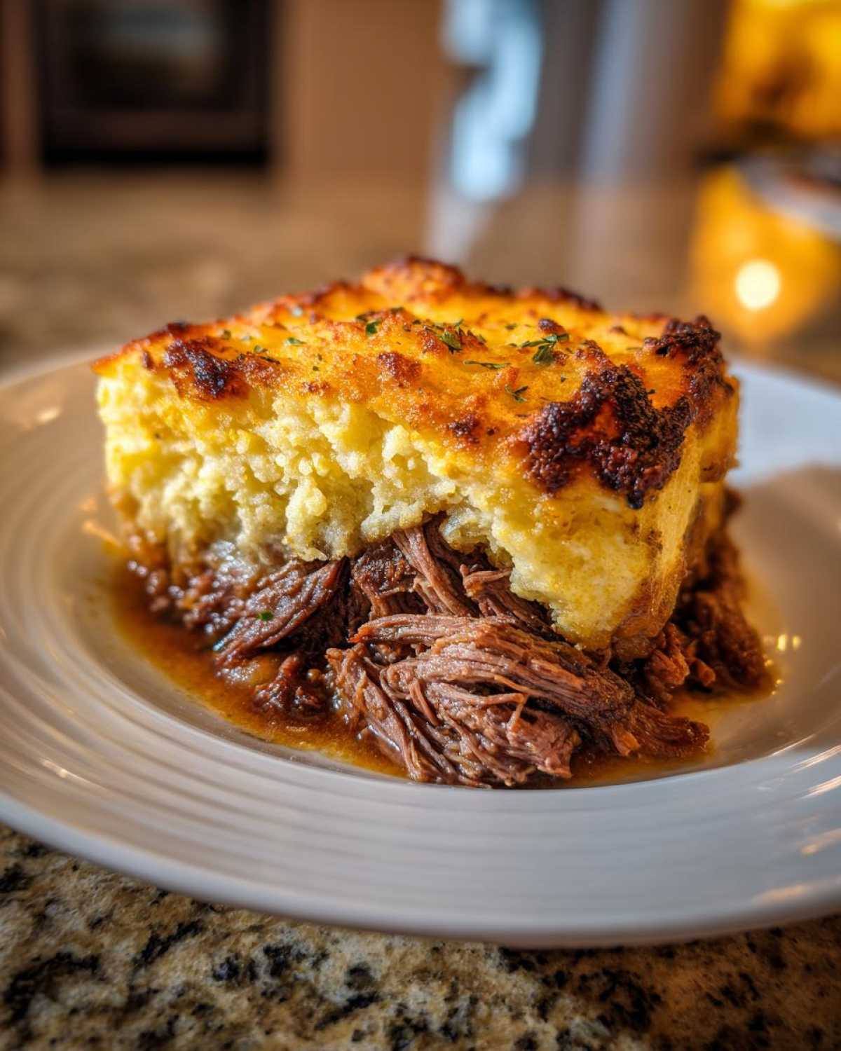 A thick slice of Leftover Lamb Shepherd's Pie featuring shredded lamb filling in rich gravy topped with golden, browned mashed potatoes.