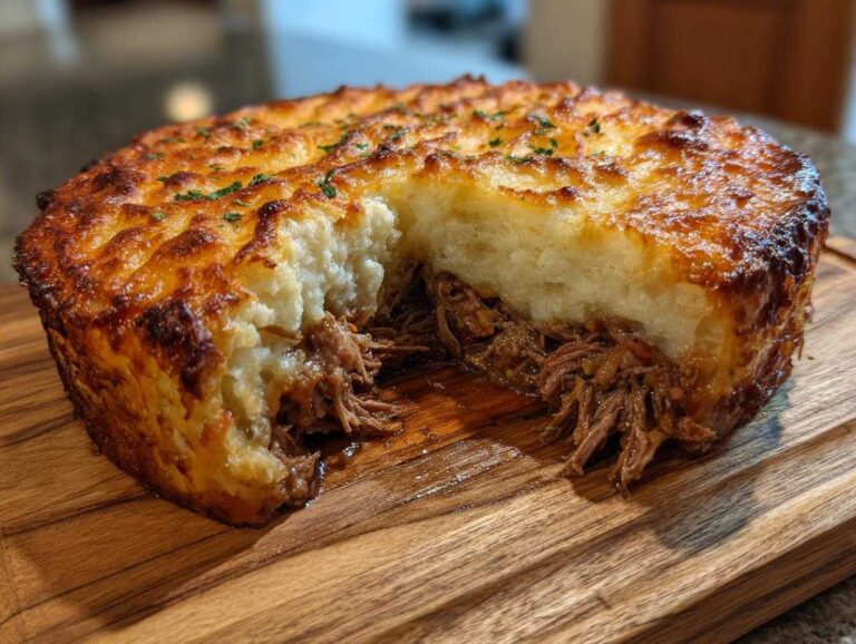 Amazing 10-Minute Leftover Lamb Shepherd’s Pie A slice removed from a round Leftover Lamb Shepherd's Pie, showing rich shredded lamb filling and a golden, crispy mashed potato topping.