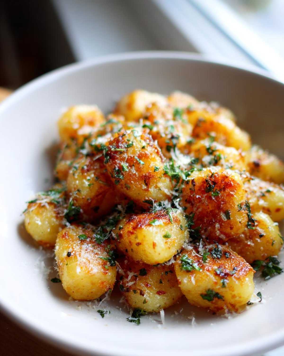 Golden brown, pan-fried Leftover Potato Gnocchi from Scratch topped with grated cheese and fresh parsley in a light bowl.