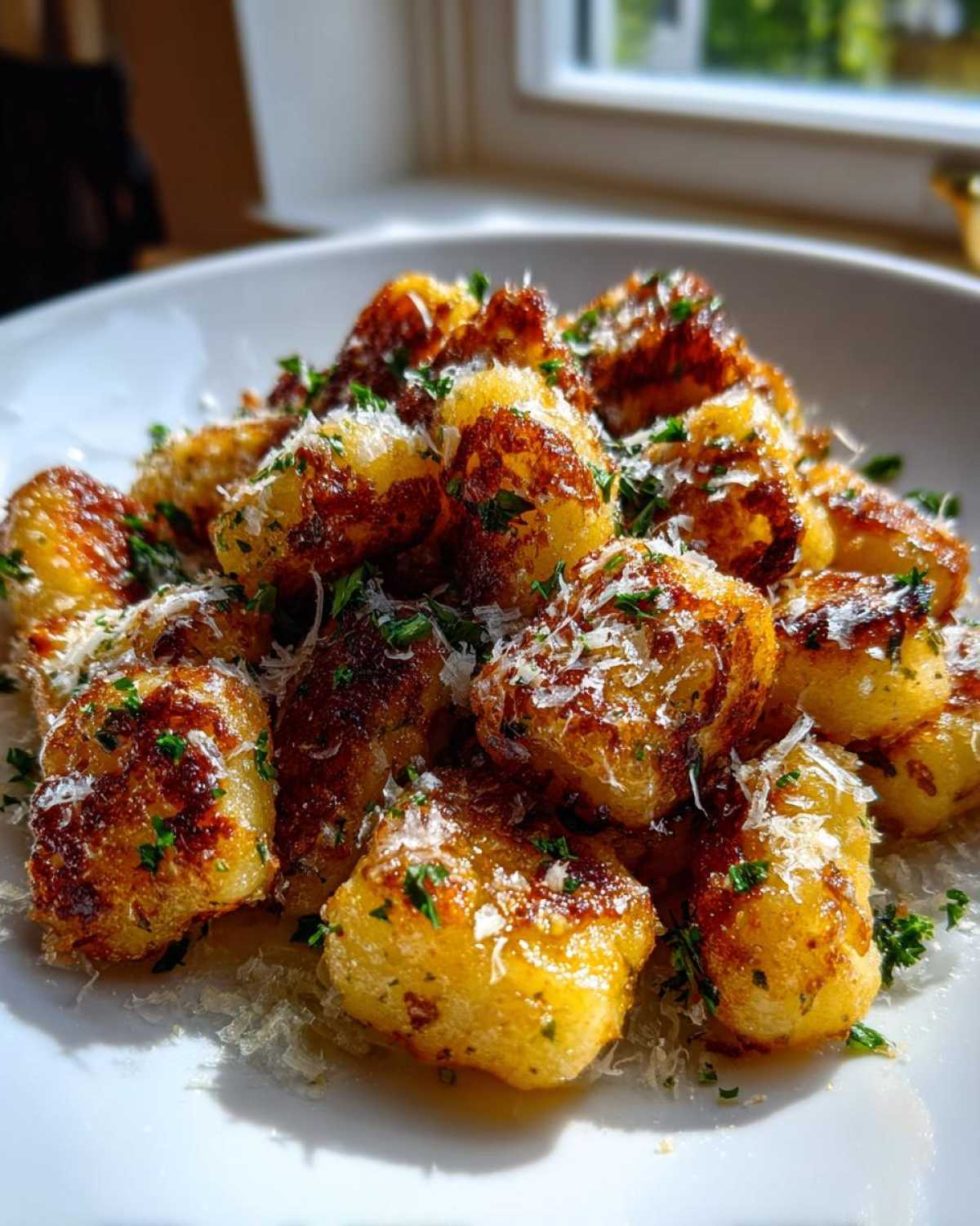 Golden brown, pan-fried Leftover Potato Gnocchi from Scratch topped with grated Parmesan and fresh parsley.