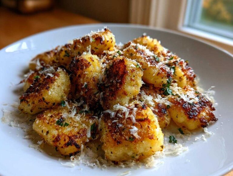 Crispy, pan-fried Leftover Potato Gnocchi from Scratch topped with grated Parmesan cheese and parsley.
