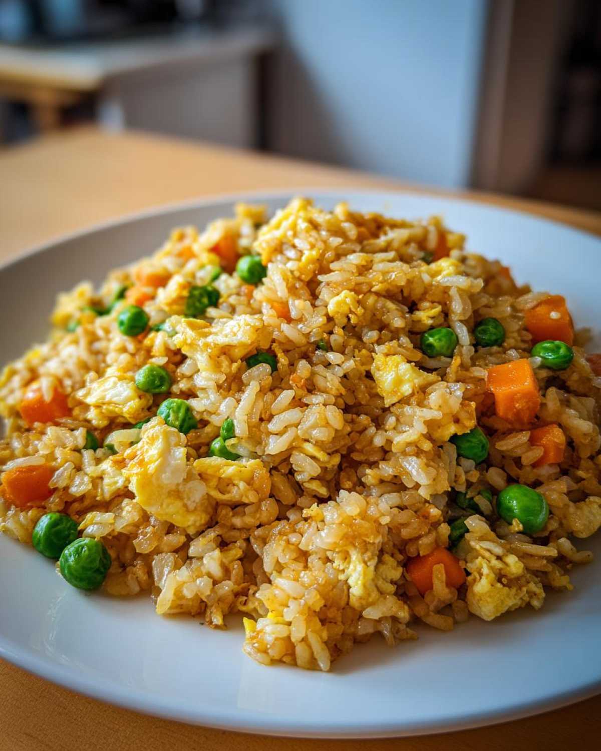Close-up of a mound of flavorful Leftover Rice Fried Rice Recipe with scrambled egg, bright green peas, and diced carrots.