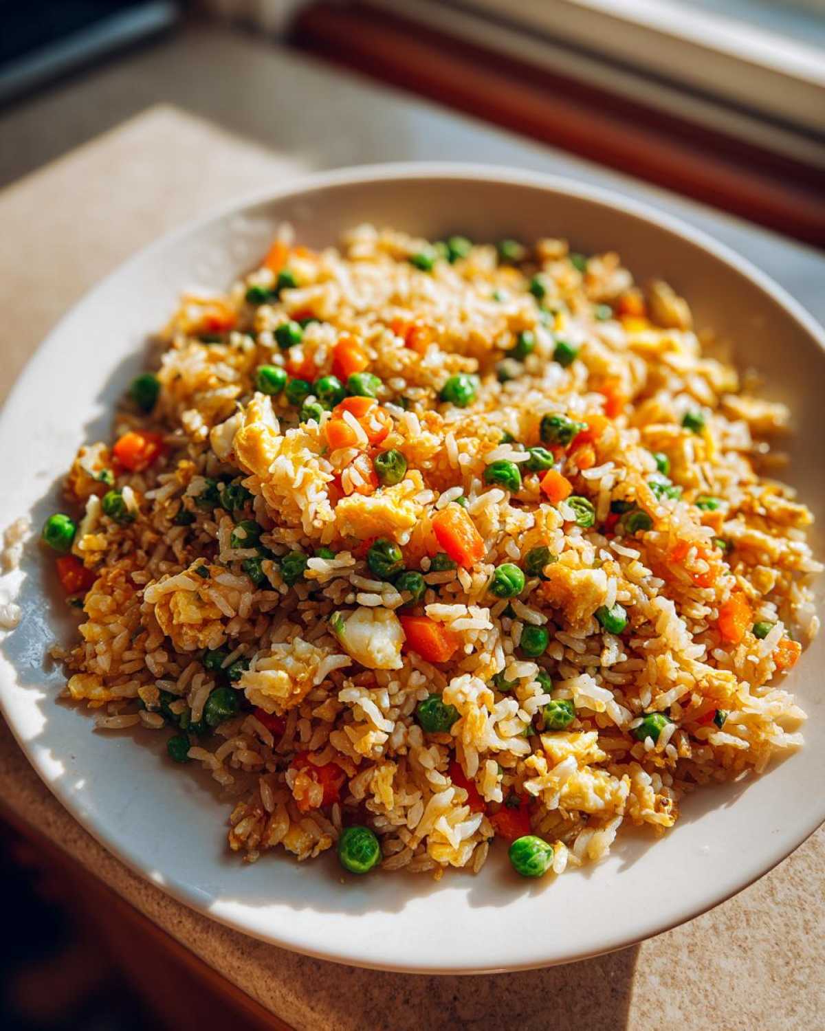 A plate piled high with freshly made Leftover Rice Fried Rice recipe, featuring visible scrambled egg, bright green peas, and diced carrots.