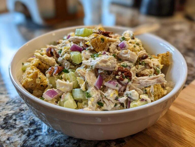 A white bowl filled with creamy Leftover Rotisserie Chicken Salad mixed with celery, red onion, pecans, and croutons.