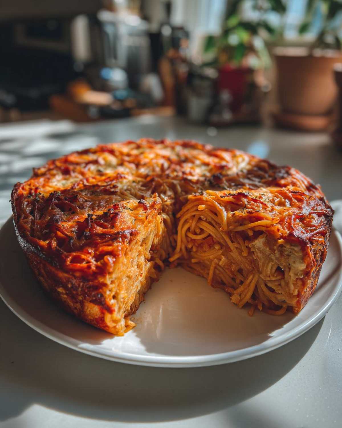 A golden-brown, round Leftover Spaghetti Frittata Recipe with a slice removed, showing the dense spaghetti interior.