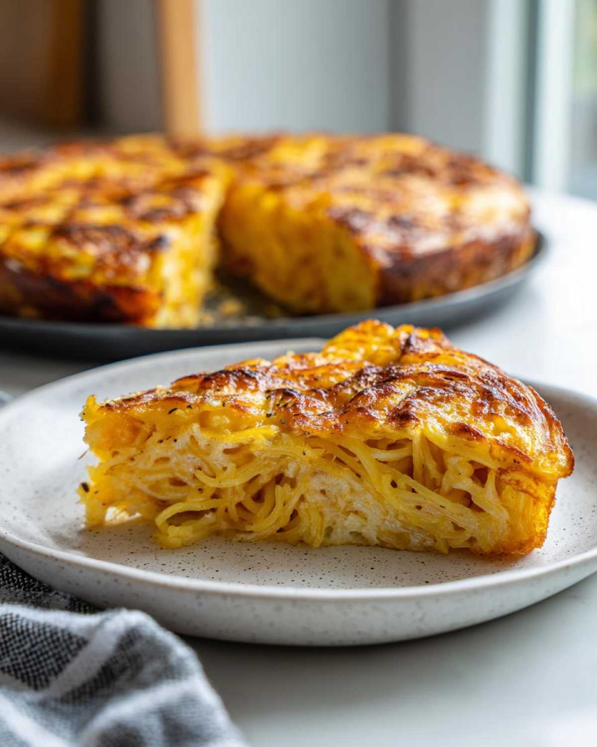 A thick slice of golden Leftover Spaghetti Frittata, showing cooked spaghetti bound with egg and cheese, served on a speckled plate.