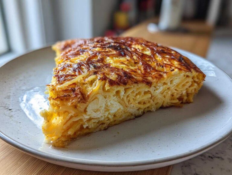 A thick, golden-brown slice of Leftover Spaghetti Frittata Recipe served on a speckled white plate.