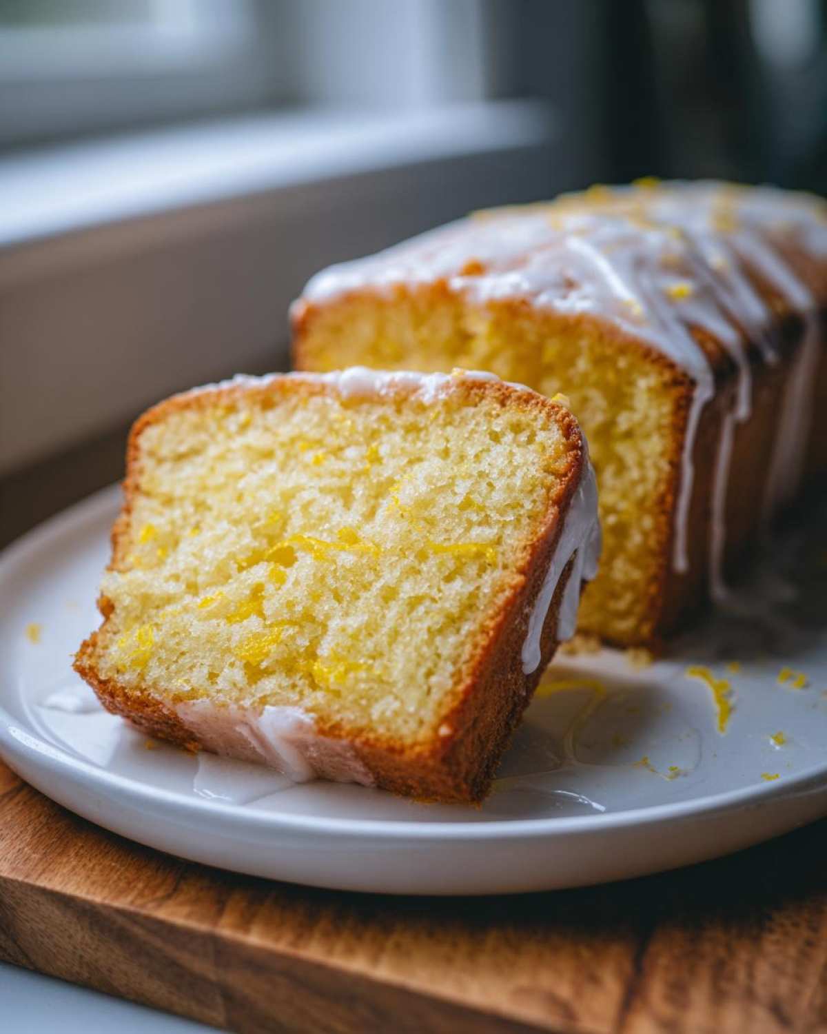 A close-up of a moist slice of Lemon Olive Oil Pound Cake, drizzled with white glaze and lemon zest.