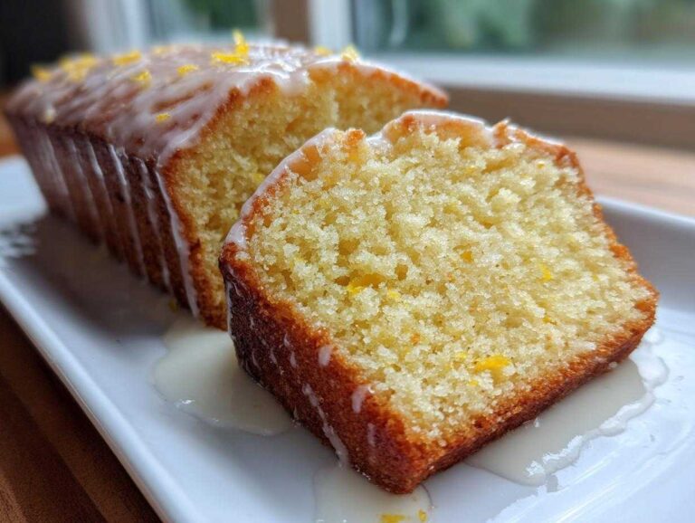 Close-up of a slice of moist Lemon Olive Oil Pound Cake drizzled with white glaze and lemon zest.