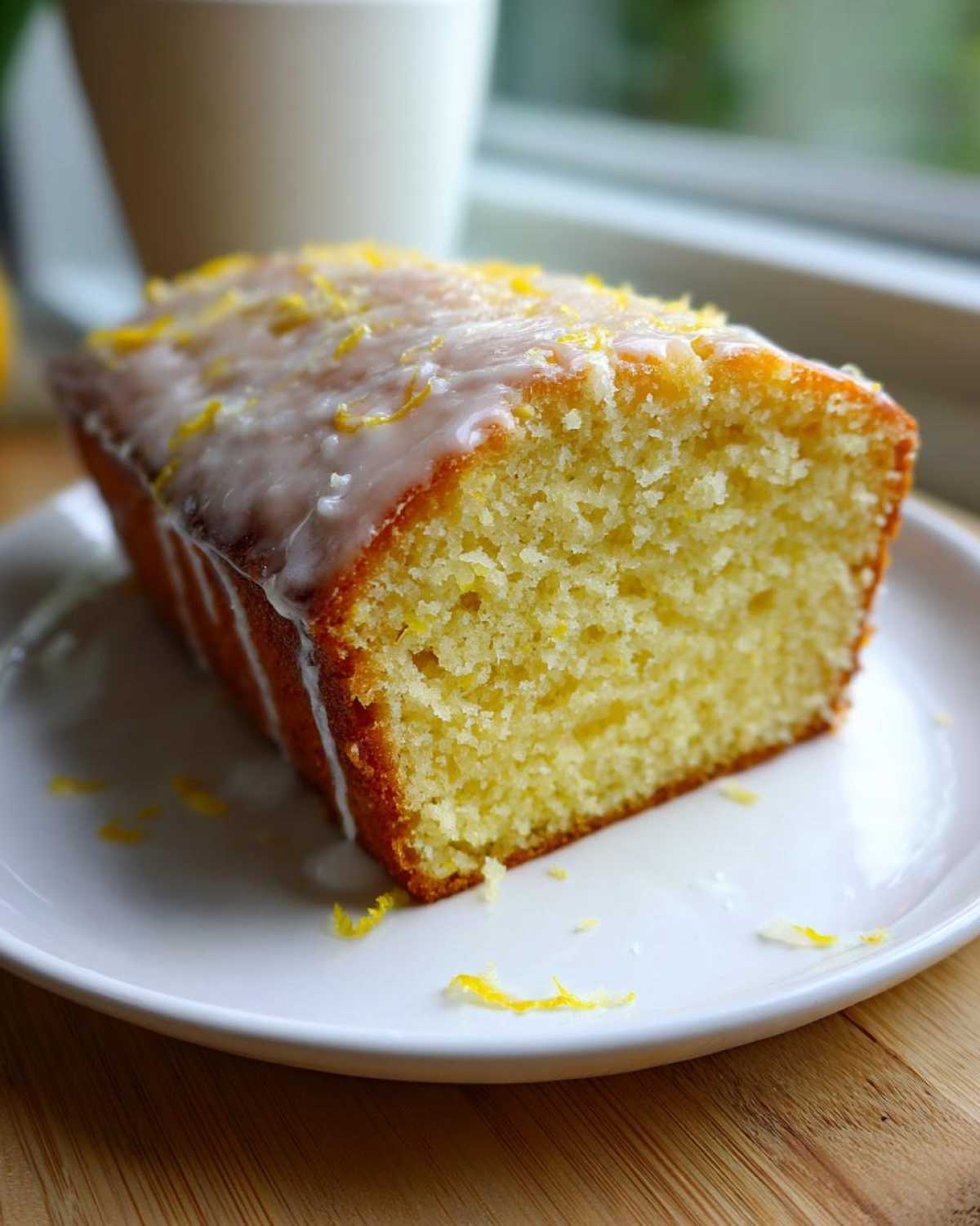 A close-up of a moist slice of Lemon Olive Oil Pound Cake topped with white glaze and bright yellow lemon zest.
