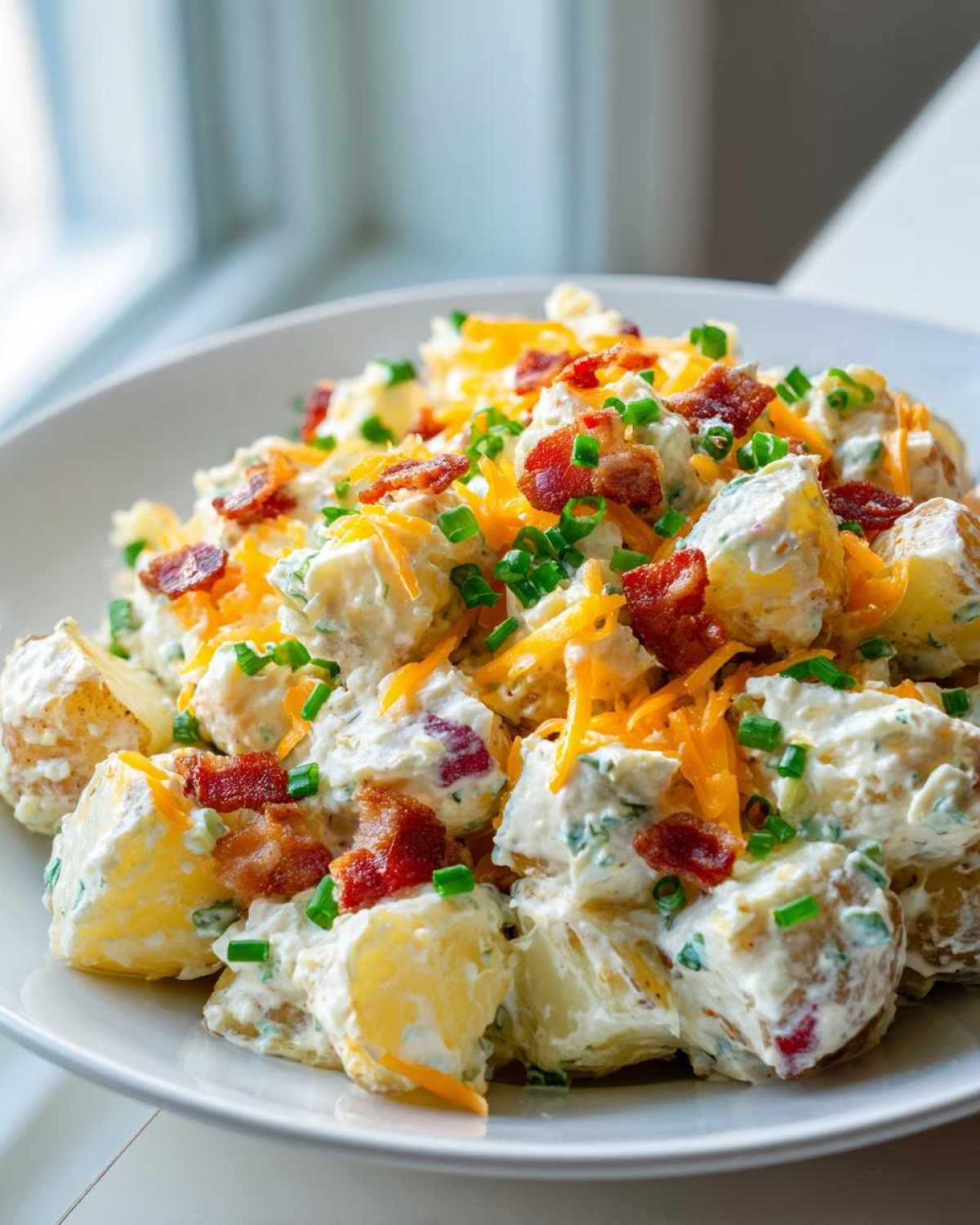 A creamy bowl of Loaded Potato Salad topped generously with shredded cheddar cheese, crispy bacon bits, and fresh green chives.