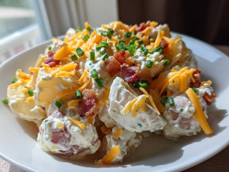 A close-up of a bowl of creamy Loaded Potato Salad topped generously with shredded cheddar cheese, crispy bacon bits, and fresh green chives.
