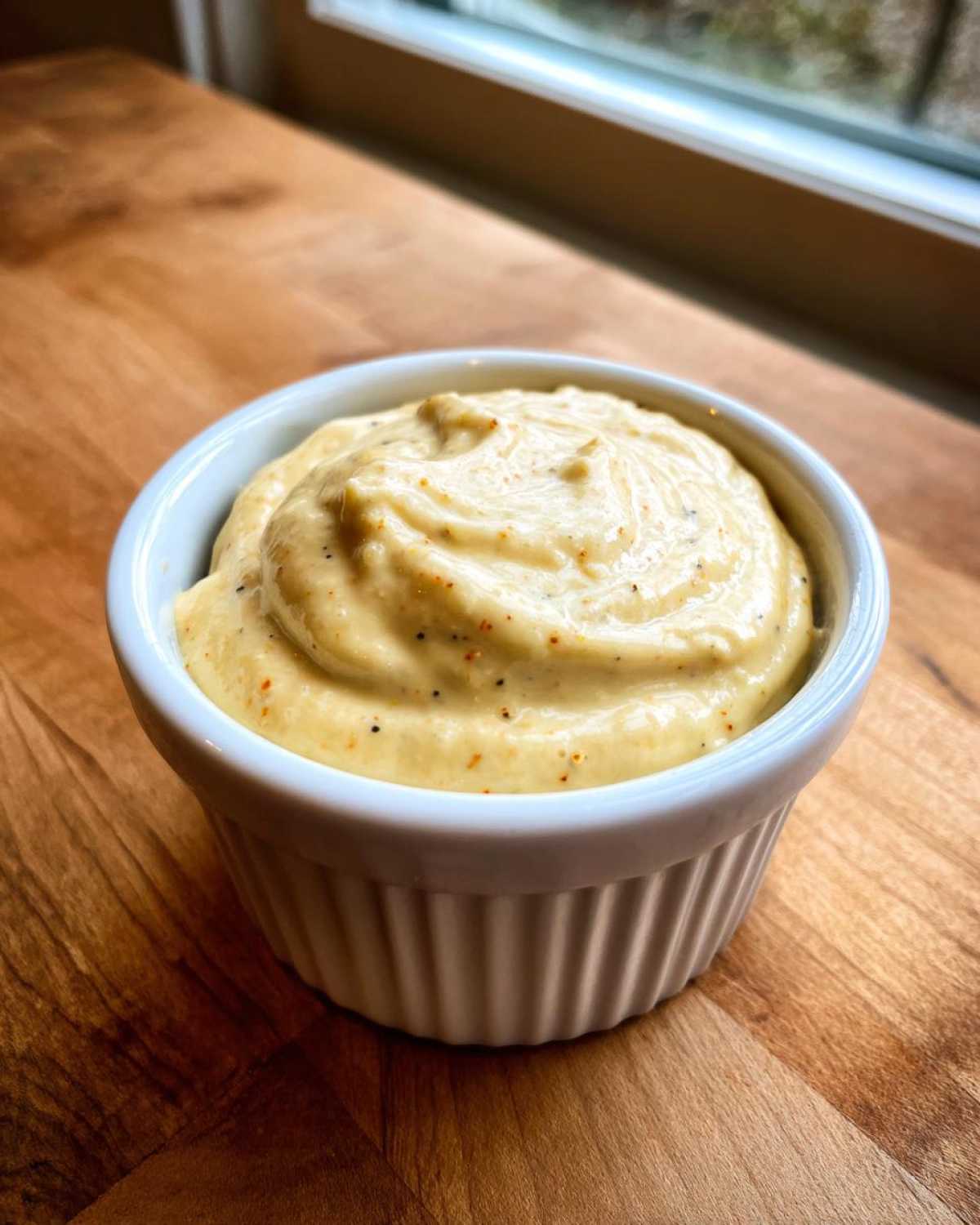 A close-up of thick, creamy Low Carb Garlic Aioli seasoned with pepper flecks in a small white ramekin.
